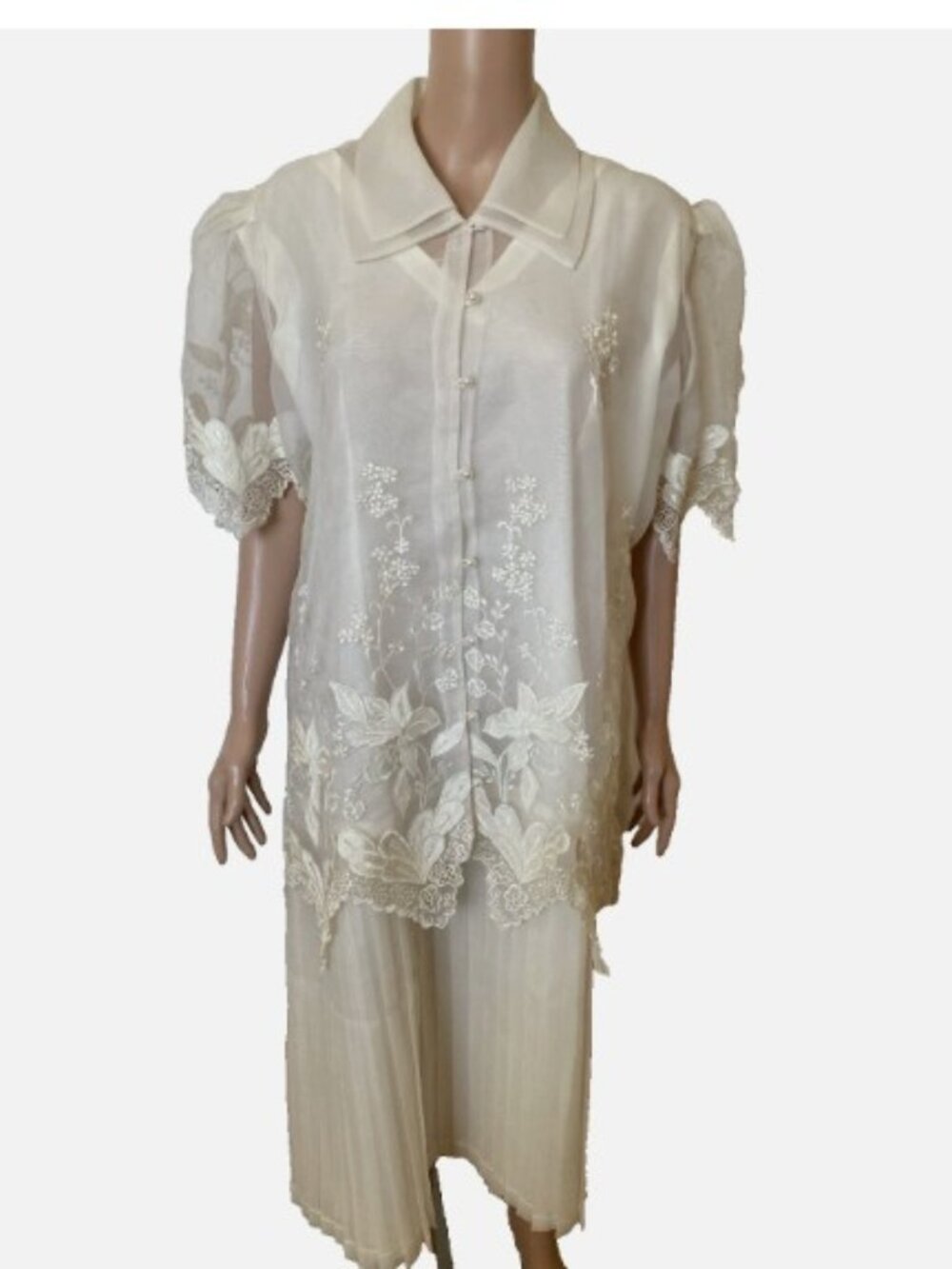 Filipiniana Ivory Embroidered Floral 2 Piece Barong Dress XXX